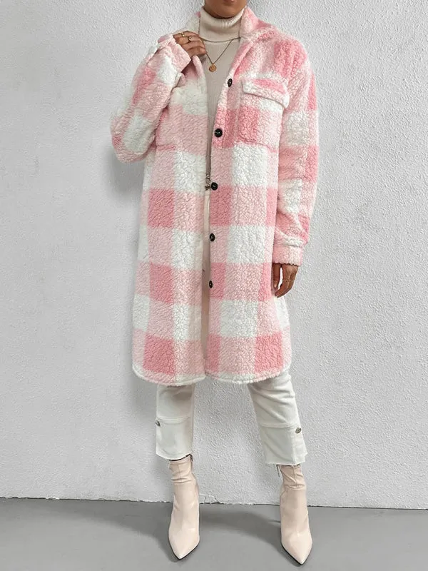 Open Buckle Lapel Plush Plaid Long Coat