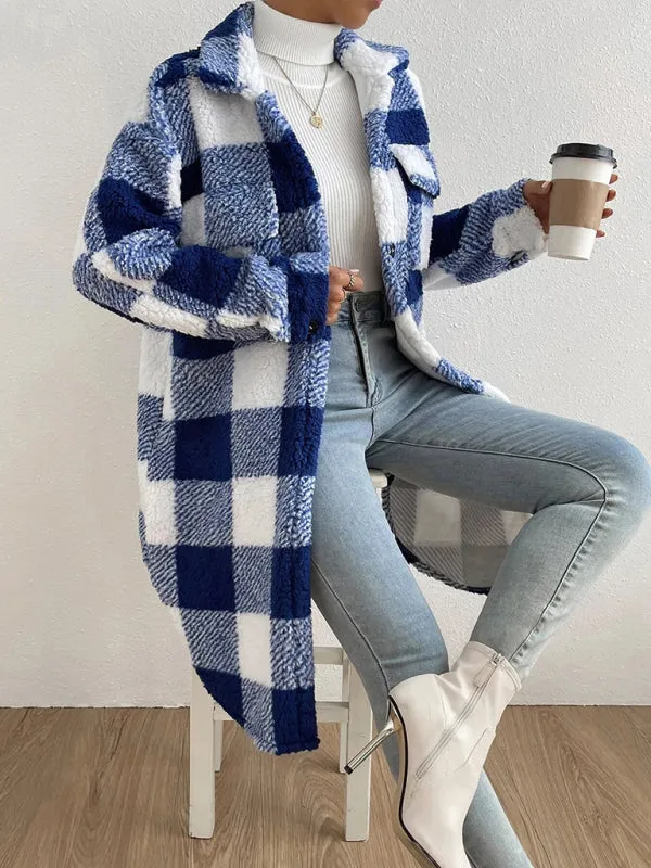 Open Buckle Lapel Plush Plaid Long Coat