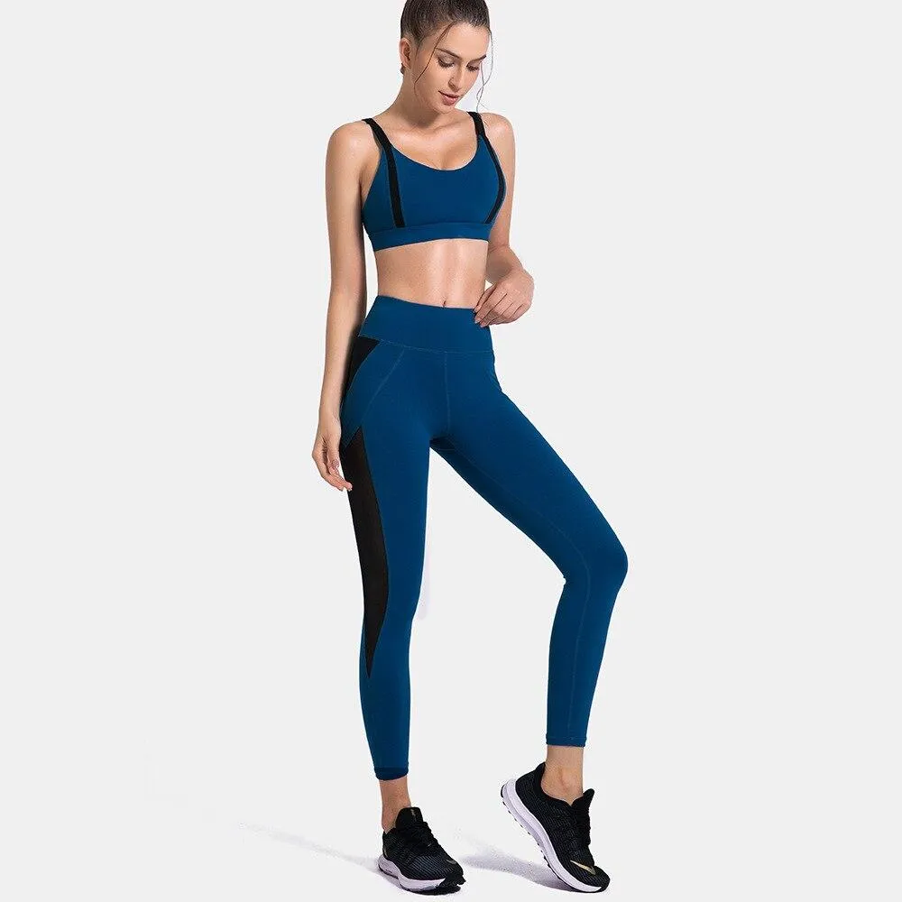 Patchwork Yoga Suit Gym Fitness Two Piece Set Bra Crop Top Leggings