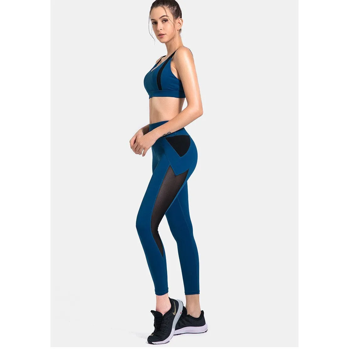 Patchwork Yoga Suit Gym Fitness Two Piece Set Bra Crop Top Leggings