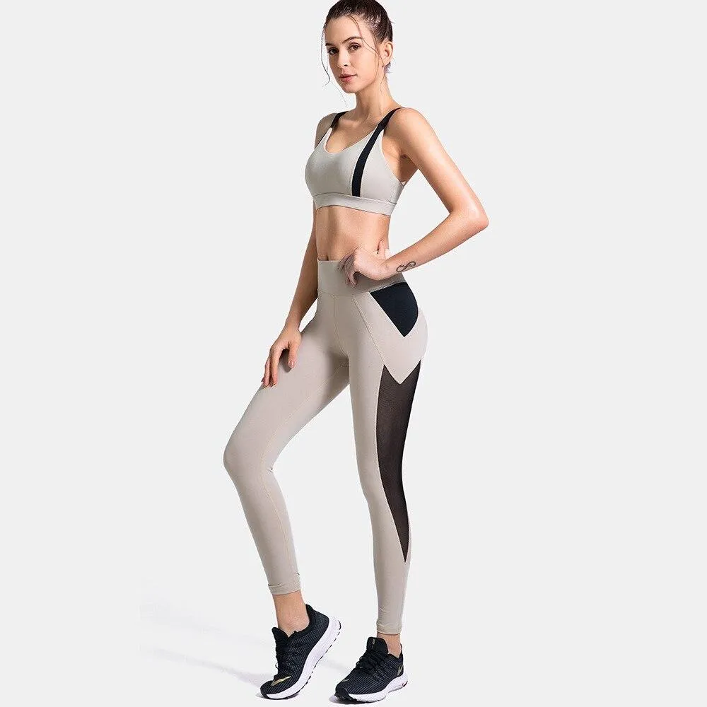 Patchwork Yoga Suit Gym Fitness Two Piece Set Bra Crop Top Leggings