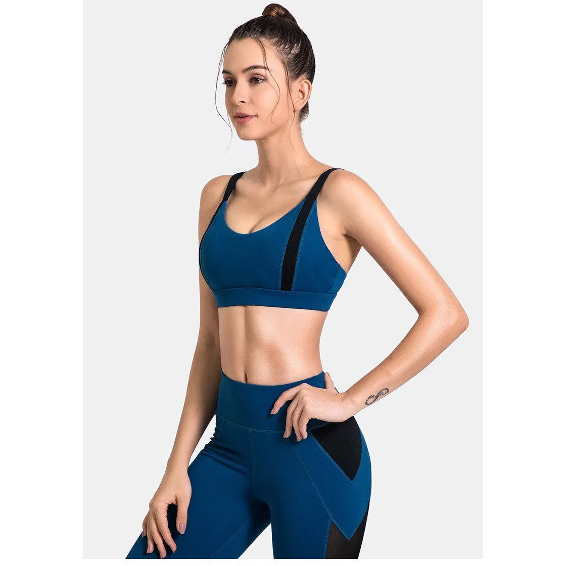 Patchwork Yoga Suit Gym Fitness Two Piece Set Bra Crop Top Leggings