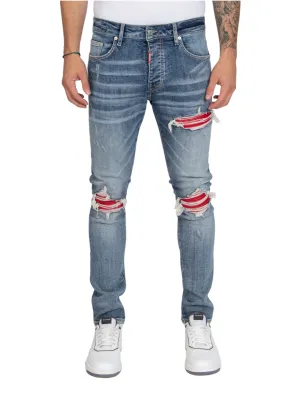 RED RIPPED BIKER JEANS, RED LABEL | DENIM