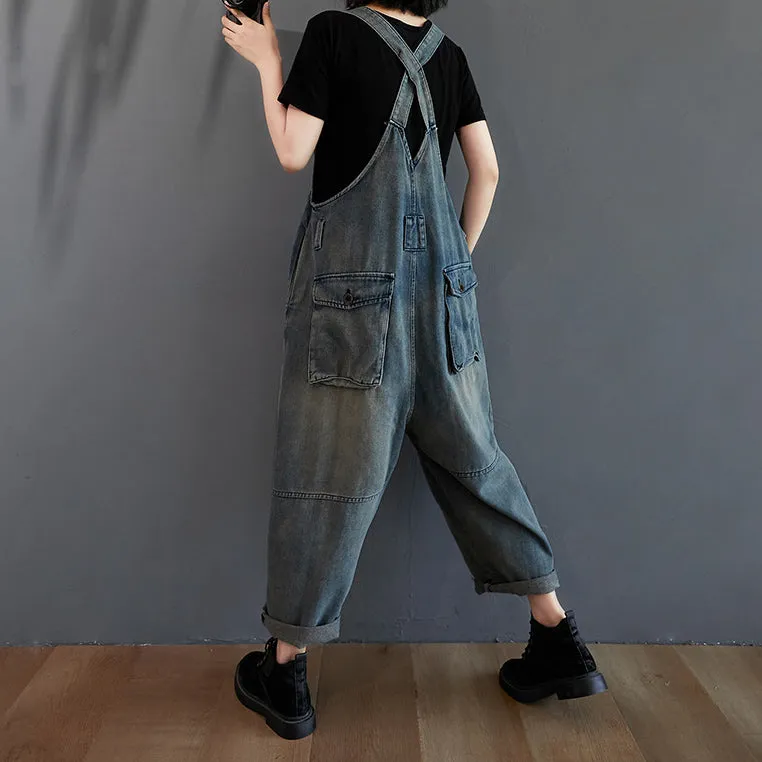 Retro Denim Big Pockets Jumpsuits Overalls