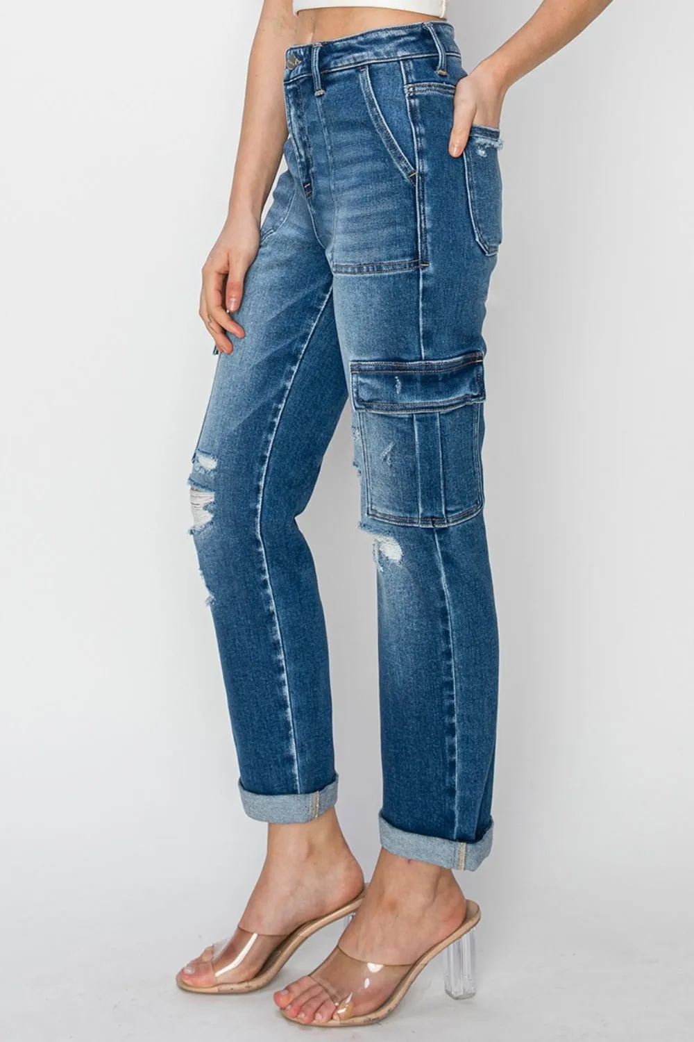 RISEN Full Size High Rise Cargo Ankle Roll Up Straight Jeans | Casual Wear