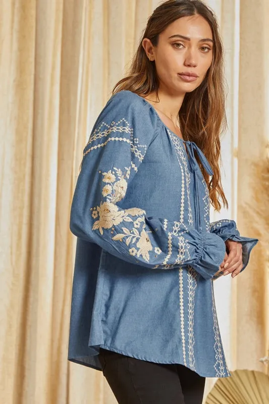 Savanna Jane Cotton Embroidered Blouse - Denim