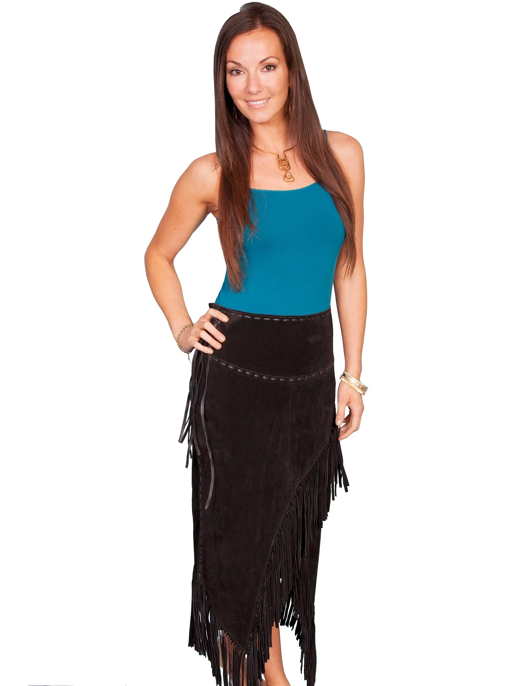 Scully Leather Womens Long Boar Suede Tie Side Fringe Skirt Black