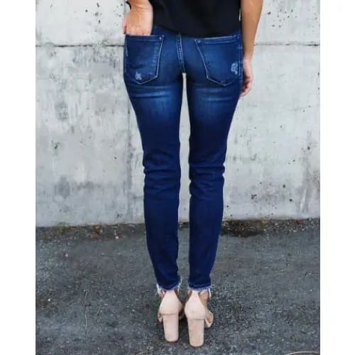 Slant Pocket Pleated & Ripped  Raw Trim Skinny Jeans