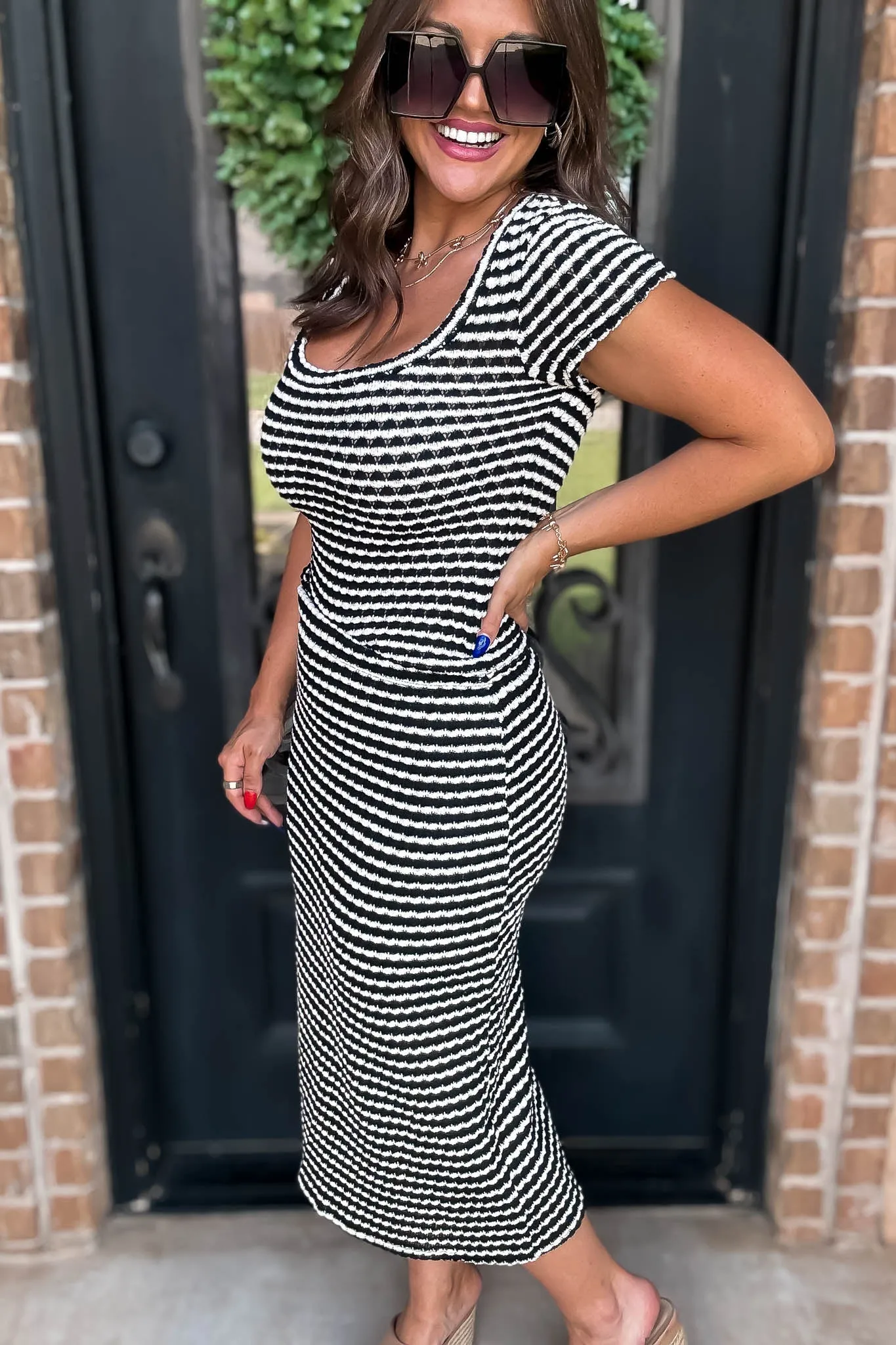 Striped High Waisted Midi Skirt