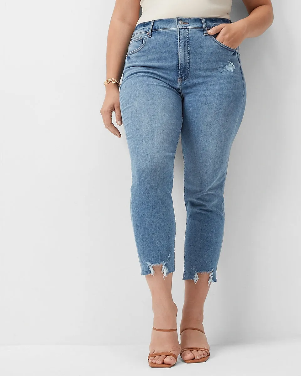 Super High Waisted Ripped Raw Step Hem Supersoft Mom Jeans in Medium Wash