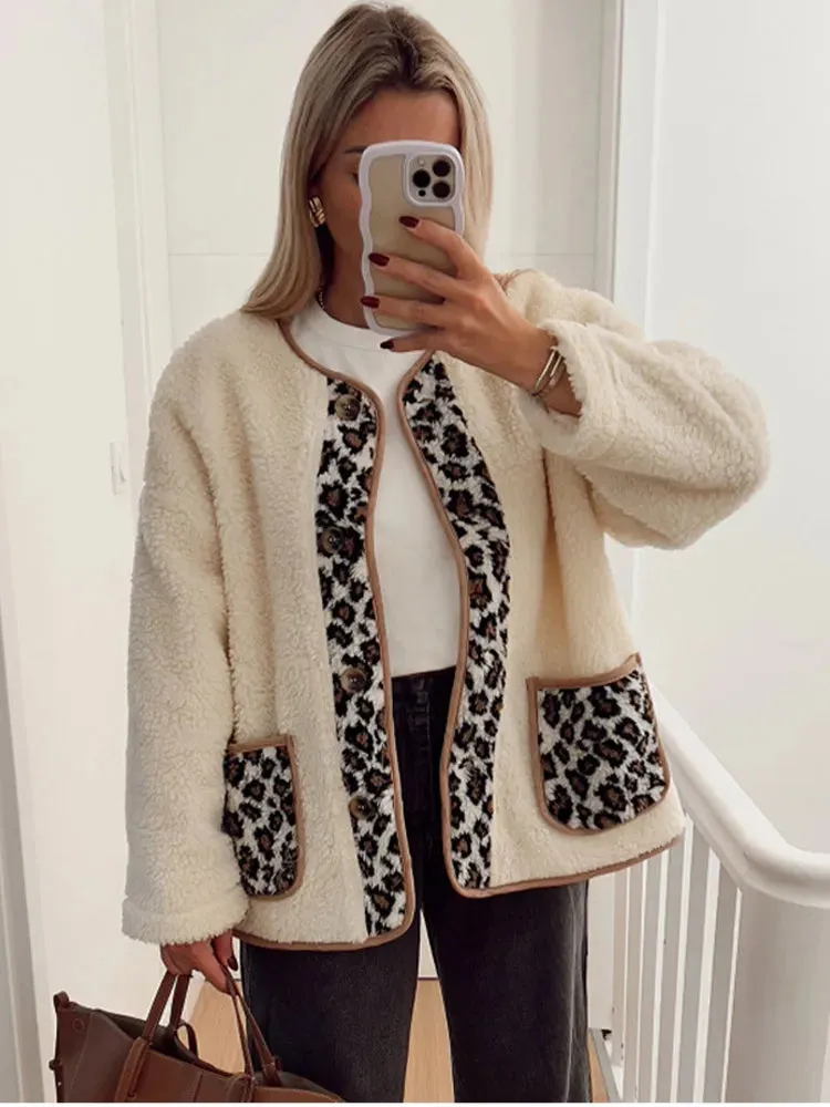 TAVIMART  -  Casual Leopard Print Patchwork Lamb Wool Coat For Women Fashion Buttons Down O-neck Pockets Jacket Winter Warm Lady Chic Outwear