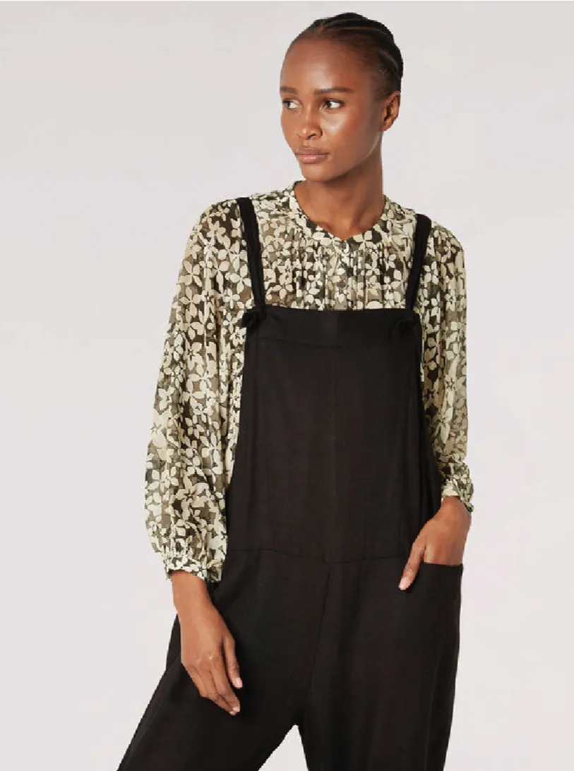 The Linen Blend Knotted Overall - Black