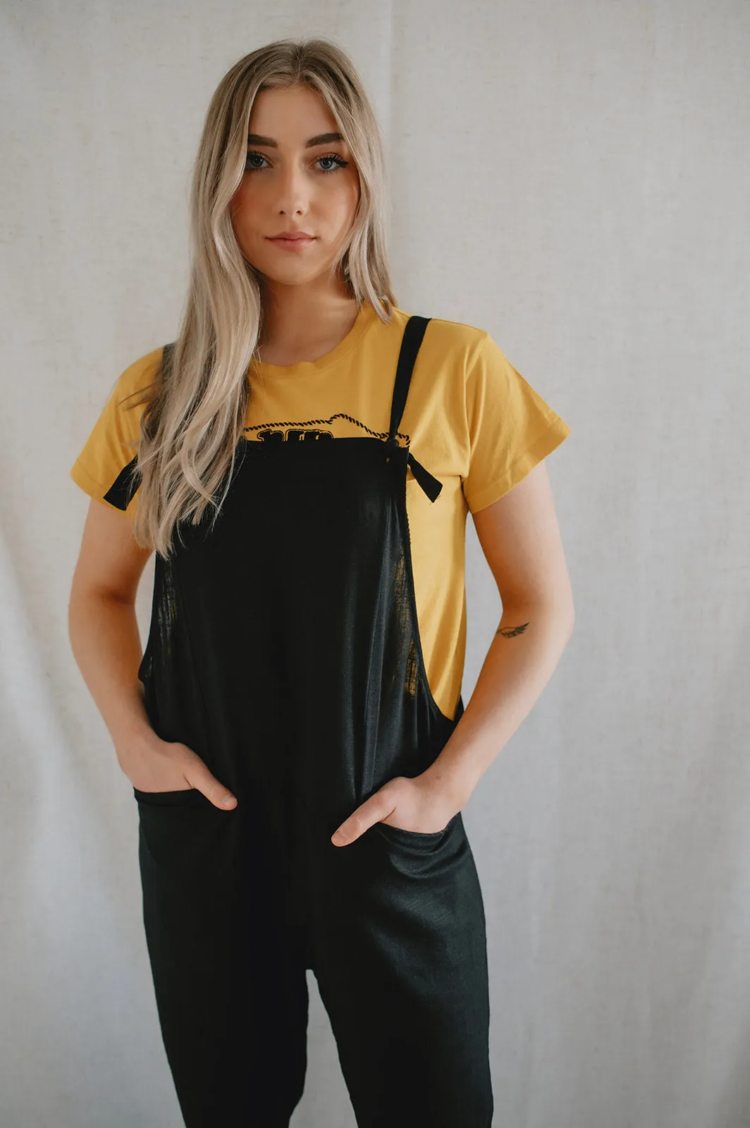 The Linen Blend Knotted Overall - Black