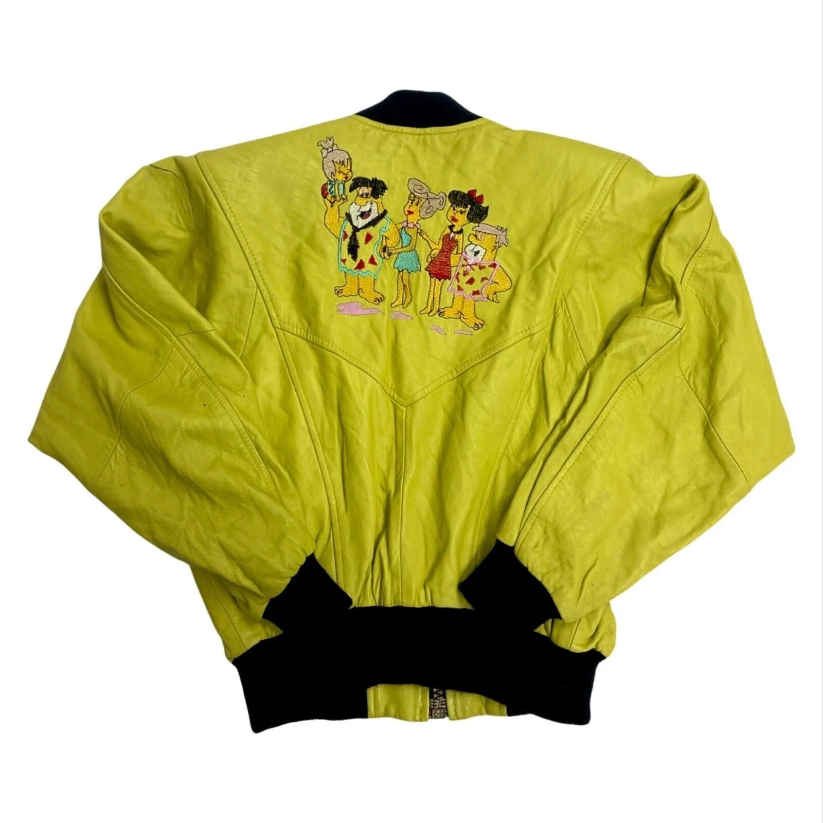 Vintage 80s 90s Green Leather Flintstones Embroidered Bomber Jacket S