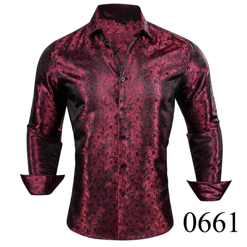 WIAOFELLAS  -  Luxury Silk Shirts for Men Black Floral Spring Autumn Embroidered Button Down Tops Regular Slim Fit Male Blouses Breathable 648