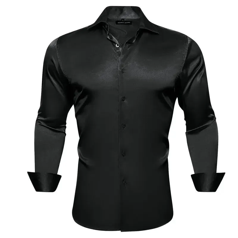 WIAOFELLAS  -  Luxury Silk Shirts for Men Black Floral Spring Autumn Embroidered Button Down Tops Regular Slim Fit Male Blouses Breathable 648