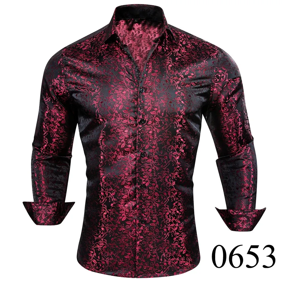 WIAOFELLAS  -  Luxury Silk Shirts for Men Black Floral Spring Autumn Embroidered Button Down Tops Regular Slim Fit Male Blouses Breathable 648