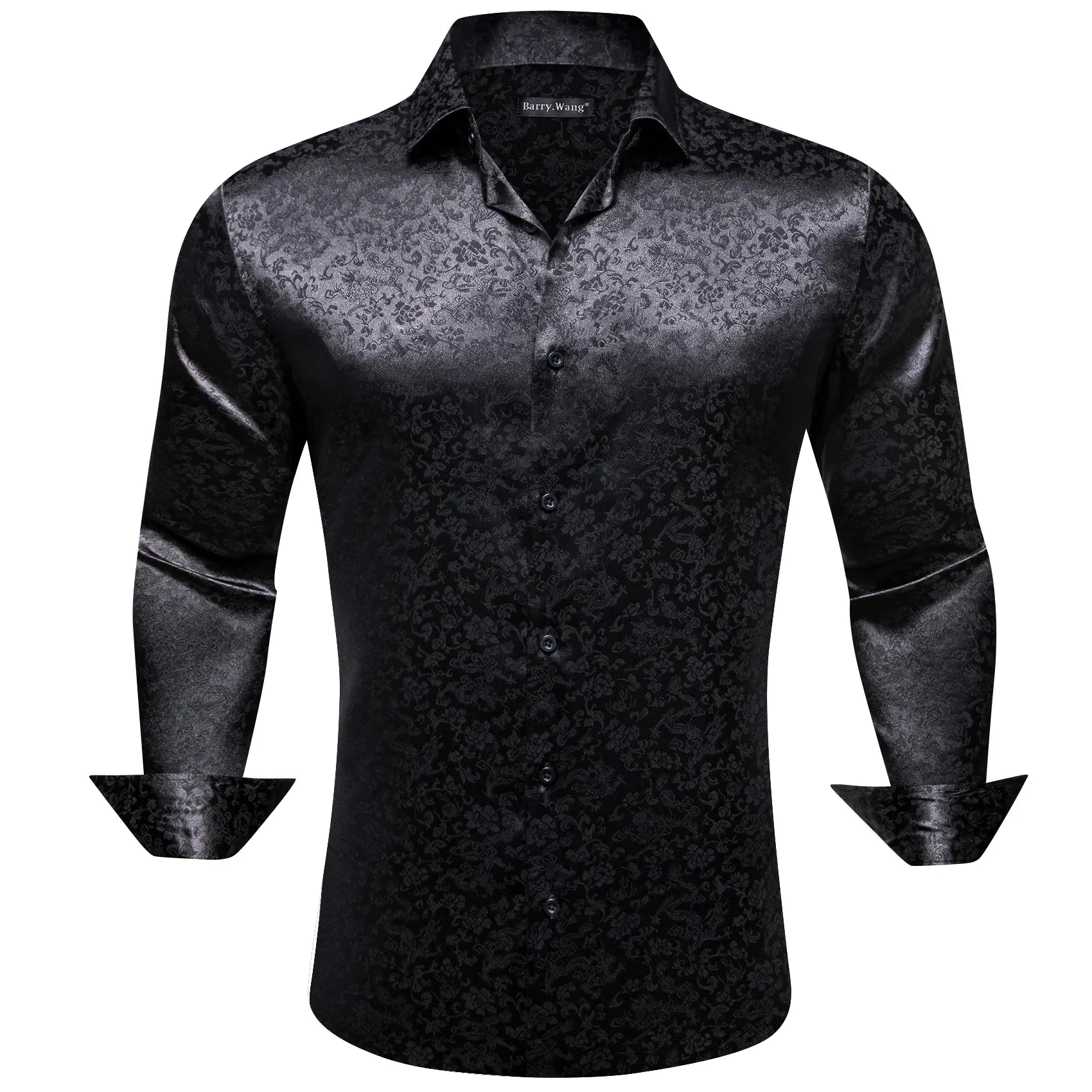 WIAOFELLAS  -  Luxury Silk Shirts for Men Black Floral Spring Autumn Embroidered Button Down Tops Regular Slim Fit Male Blouses Breathable 648