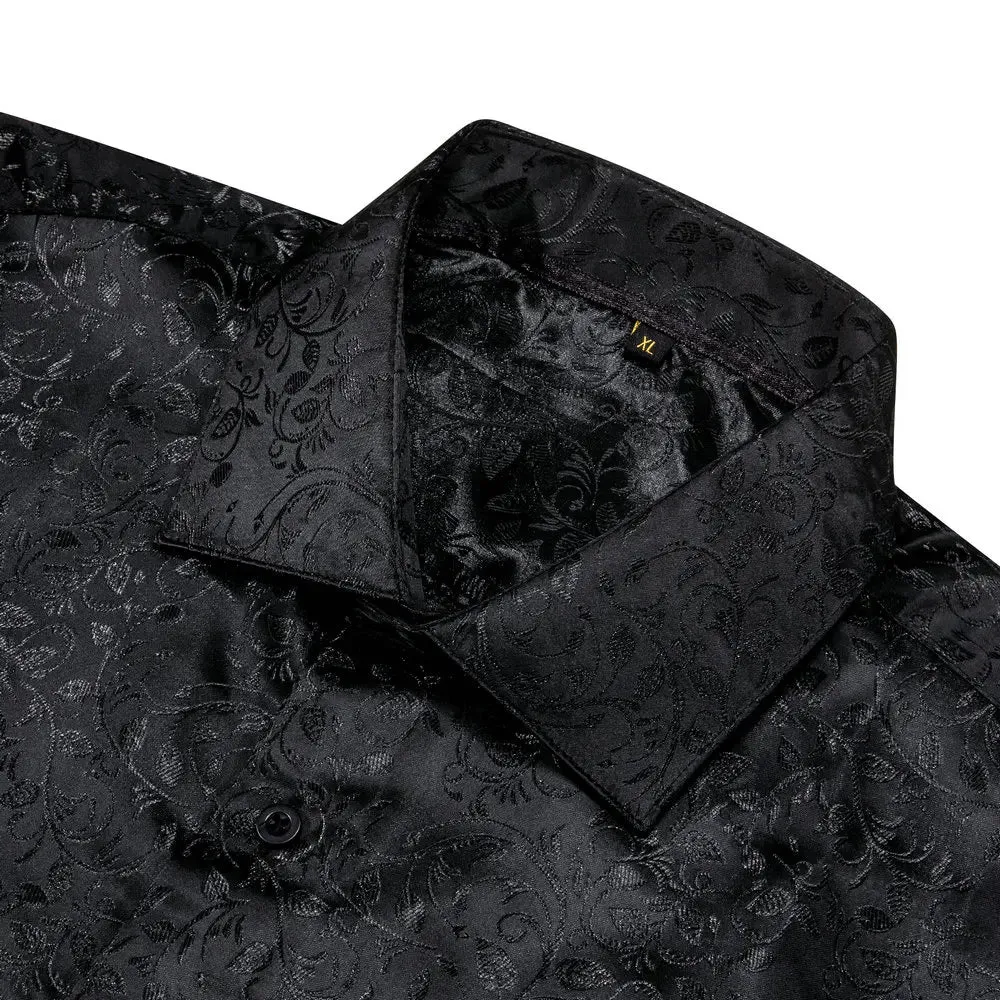 WIAOFELLAS  -  Luxury Silk Shirts for Men Black Floral Spring Autumn Embroidered Button Down Tops Regular Slim Fit Male Blouses Breathable 648