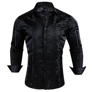 WIAOFELLAS  -  Luxury Silk Shirts for Men Black Floral Spring Autumn Embroidered Button Down Tops Regular Slim Fit Male Blouses Breathable 648