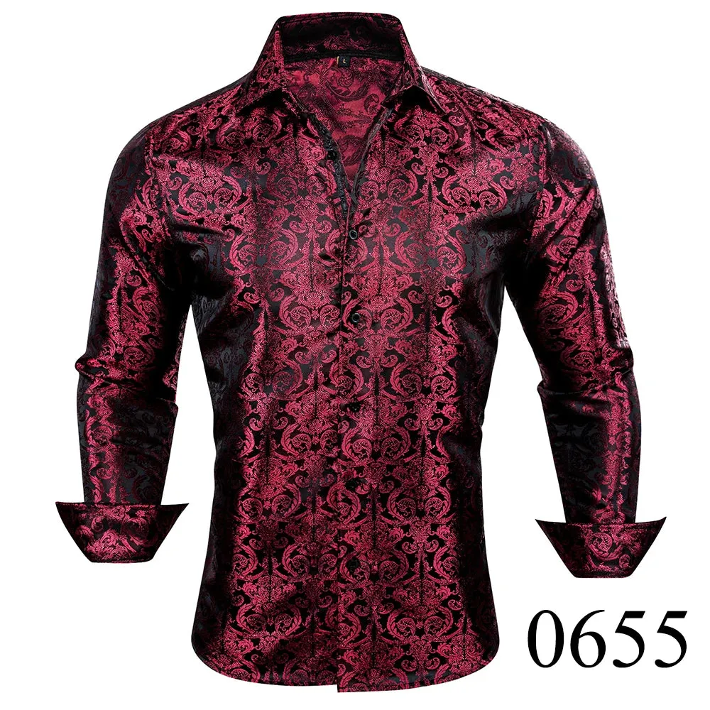 WIAOFELLAS  -  Luxury Silk Shirts for Men Black Floral Spring Autumn Embroidered Button Down Tops Regular Slim Fit Male Blouses Breathable 648