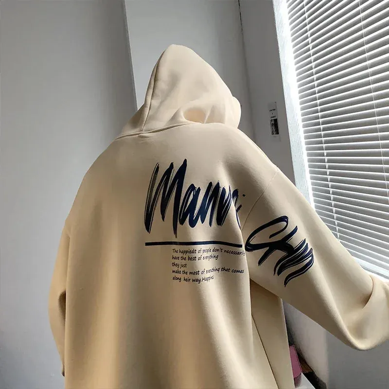 Wiaofellas  - Spring Men's Graffiti Printed Letters Hooded Sweatshirt Classic Kangaroo Pocket Hoodie Trendy Street Hip Hop Hoodies