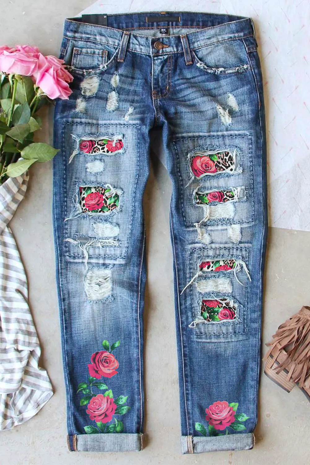 Womens Boyfriend Jeans Floral Leopard Slim Fit Distressed Pants