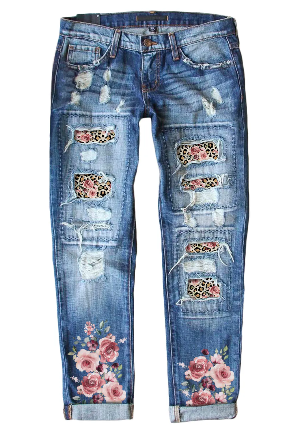 Womens Boyfriend Jeans Floral Leopard Slim Fit Distressed Pants