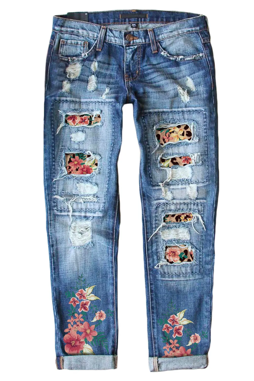 Womens Boyfriend Jeans Floral Leopard Slim Fit Distressed Pants