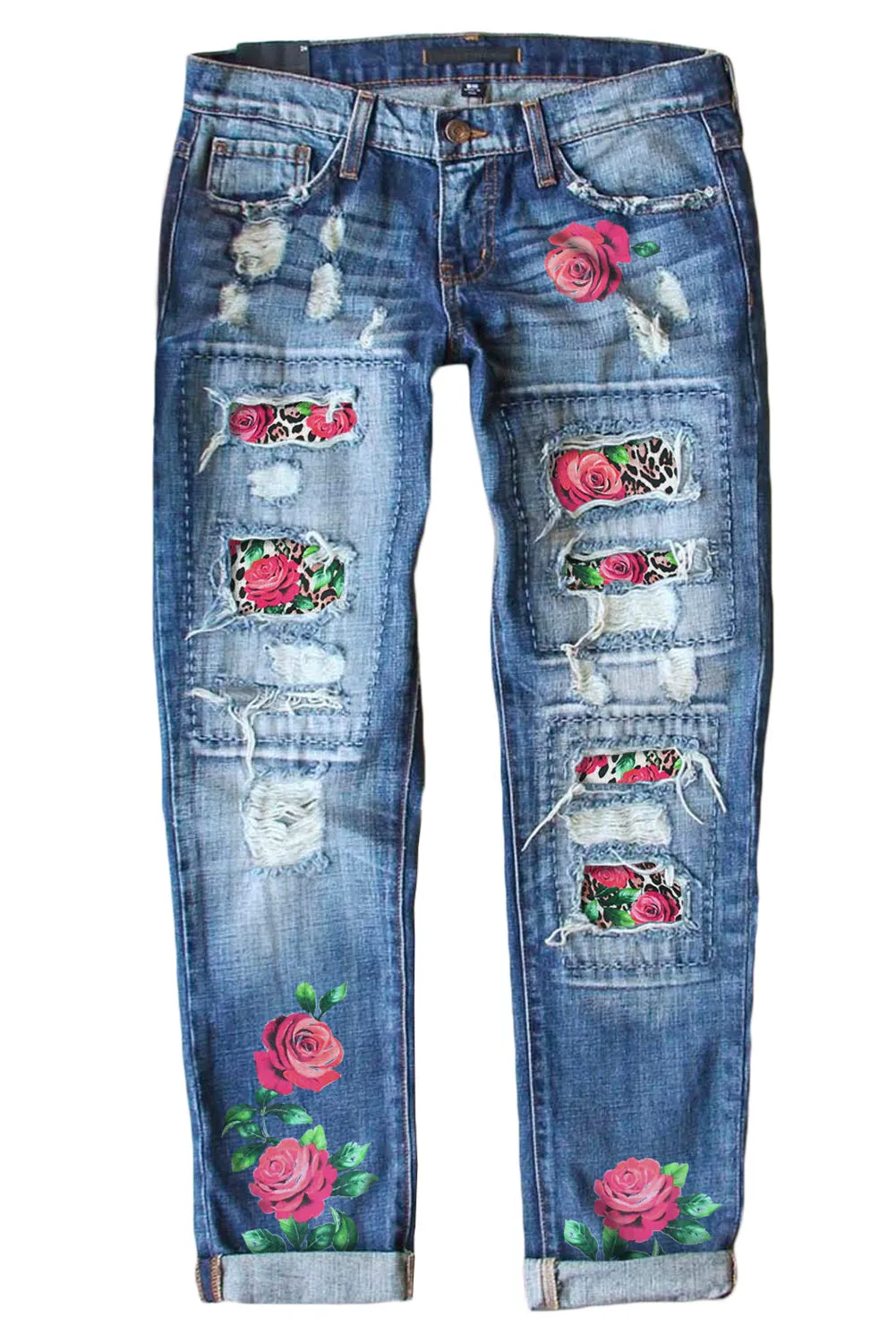 Womens Boyfriend Jeans Floral Leopard Slim Fit Distressed Pants