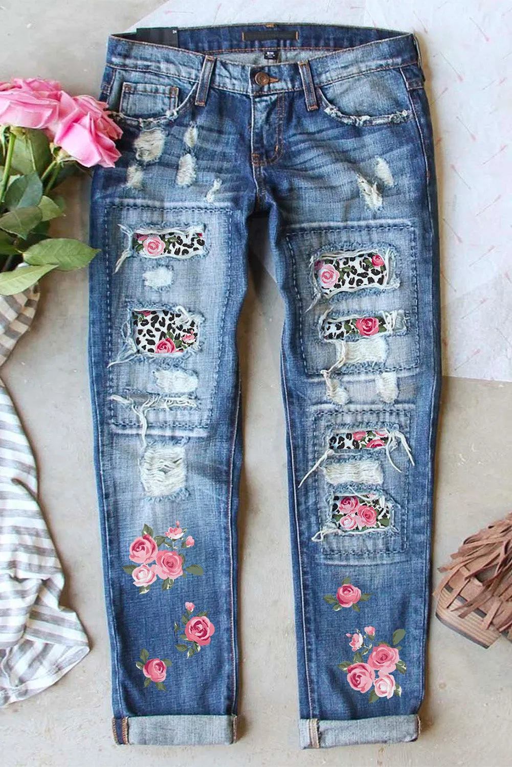 Womens Boyfriend Jeans Floral Leopard Slim Fit Distressed Pants