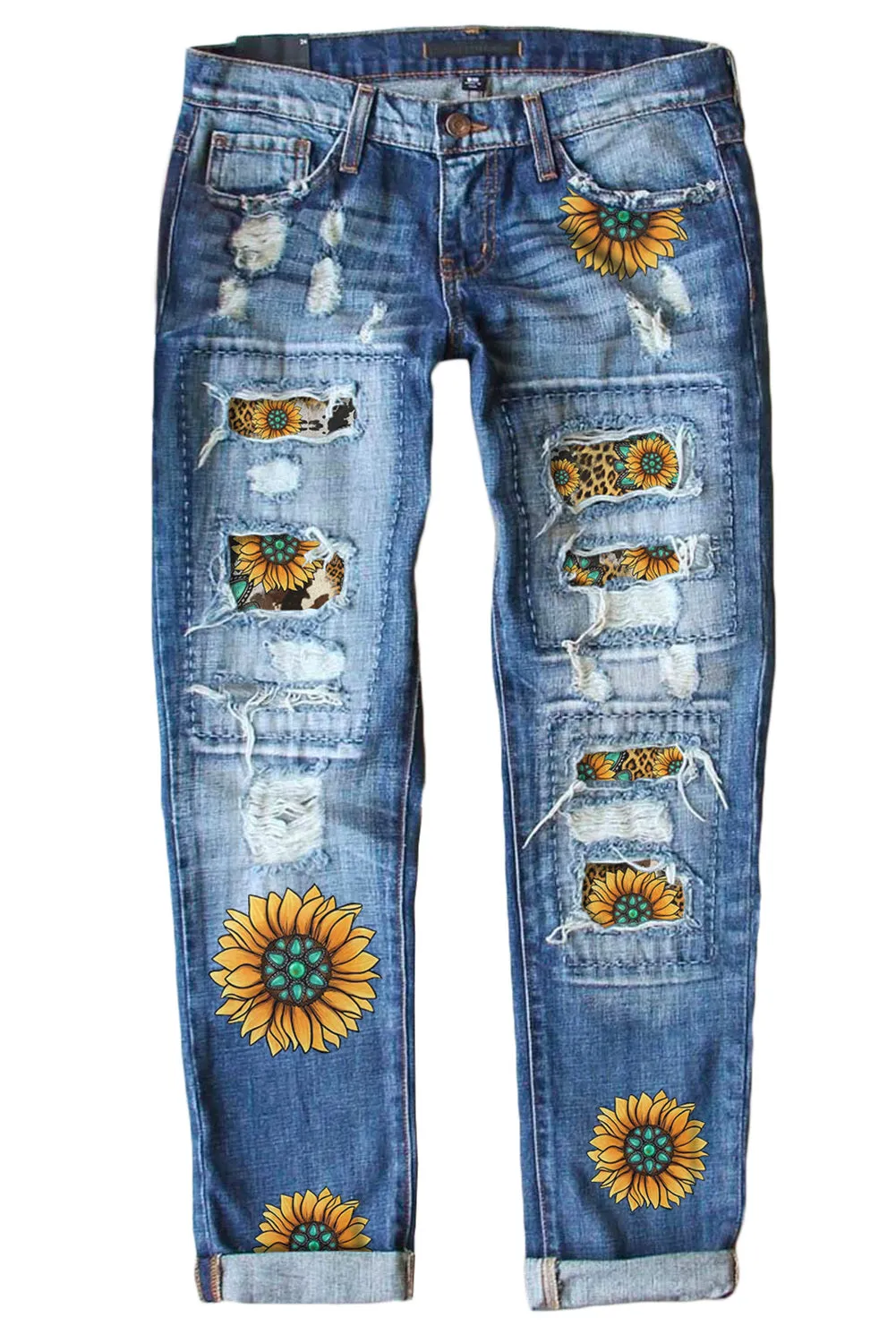 Womens Boyfriend Jeans Floral Leopard Slim Fit Distressed Pants