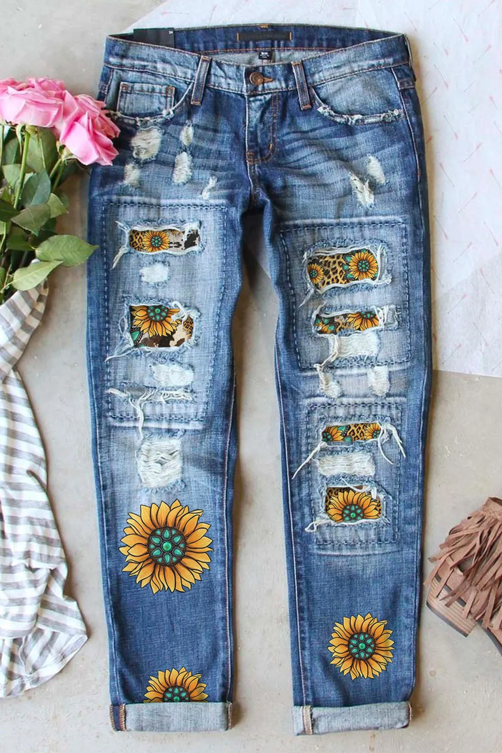 Womens Boyfriend Jeans Floral Leopard Slim Fit Distressed Pants