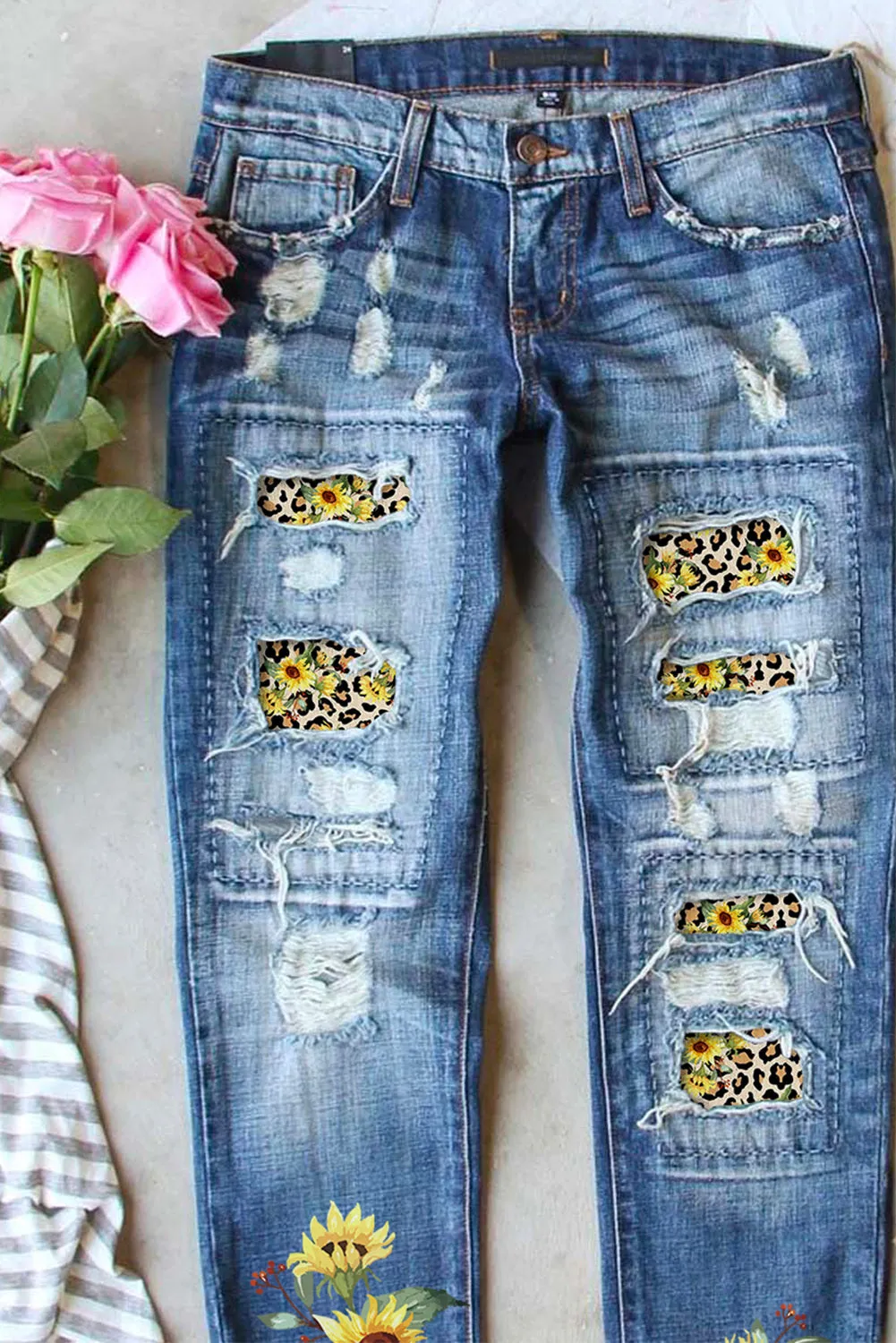 Womens Boyfriend Jeans Floral Leopard Slim Fit Distressed Pants