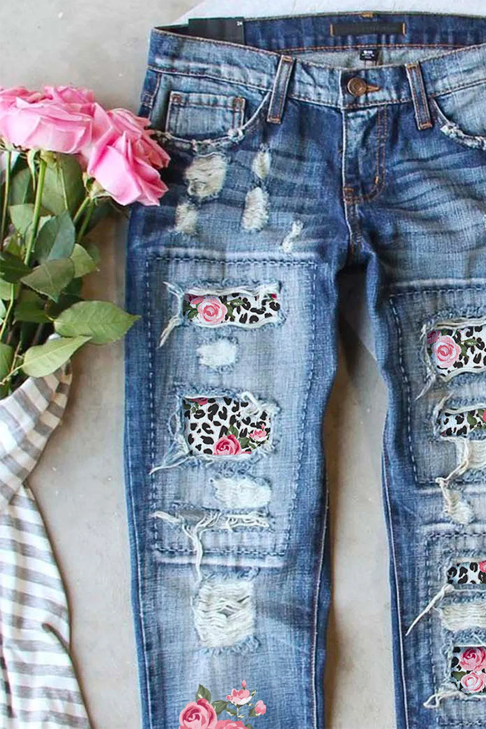 Womens Boyfriend Jeans Floral Leopard Slim Fit Distressed Pants