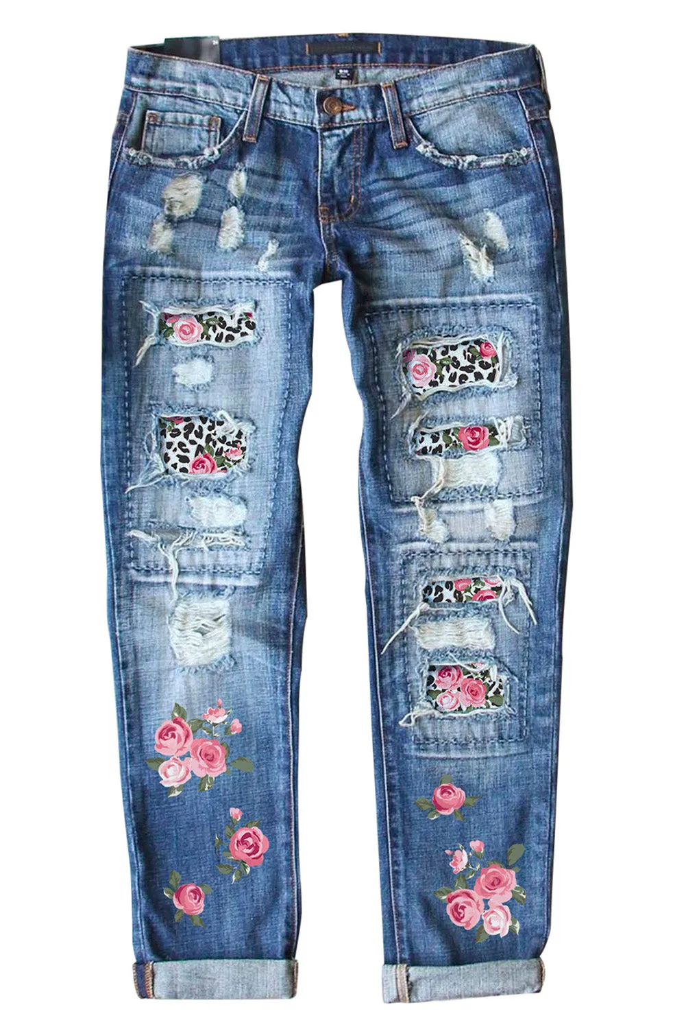 Womens Boyfriend Jeans Floral Leopard Slim Fit Distressed Pants