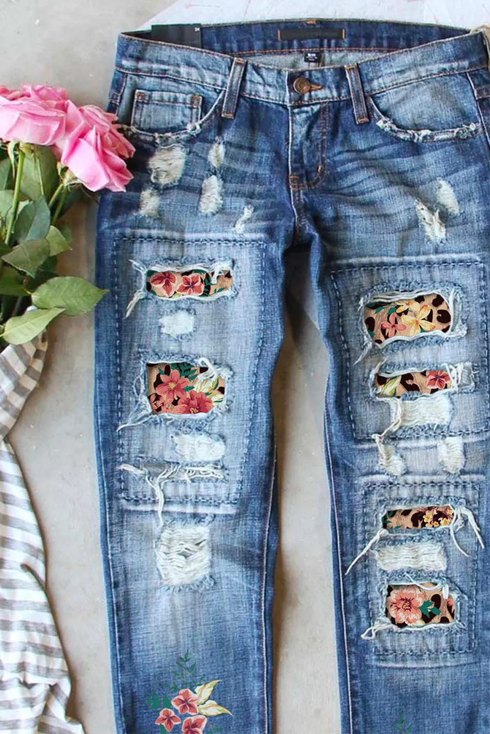 Womens Boyfriend Jeans Floral Leopard Slim Fit Distressed Pants