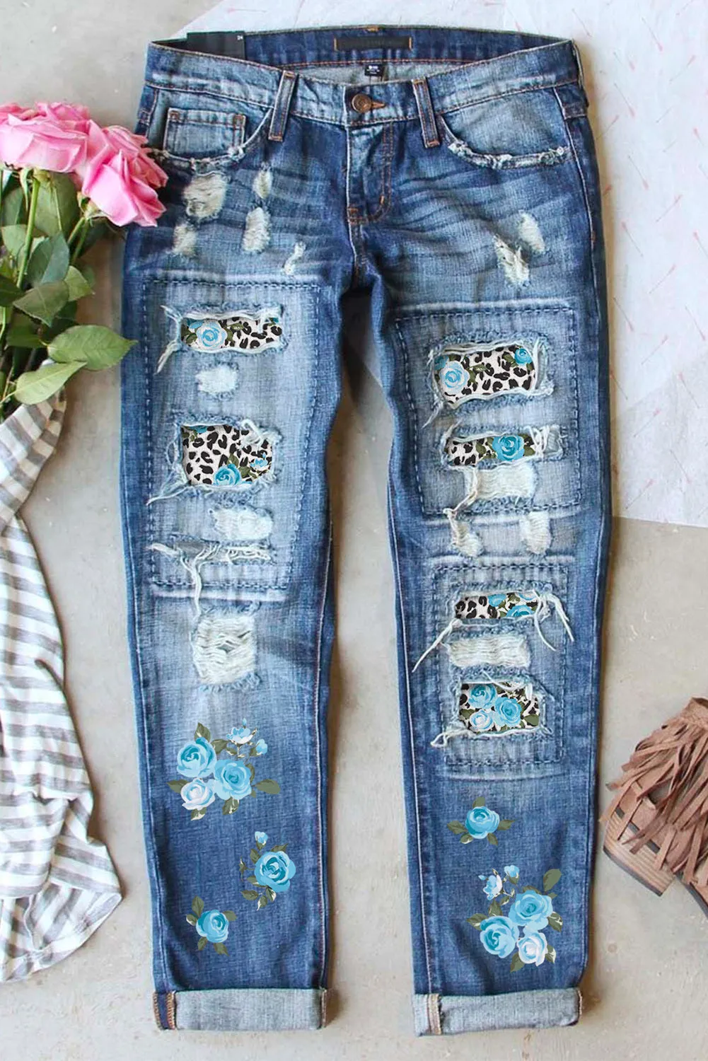 Womens Boyfriend Jeans Floral Leopard Slim Fit Distressed Pants