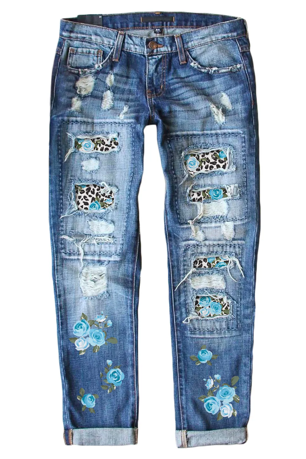 Womens Boyfriend Jeans Floral Leopard Slim Fit Distressed Pants