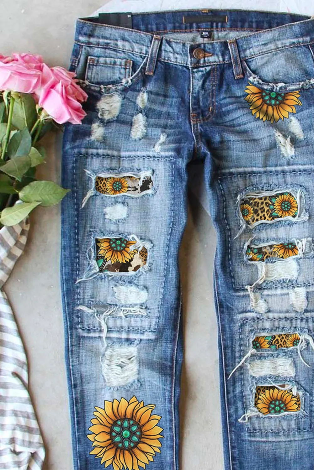 Womens Boyfriend Jeans Floral Leopard Slim Fit Distressed Pants