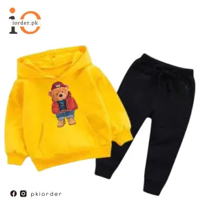 Yellow Cute Bear Printed Kids Hoodie Set